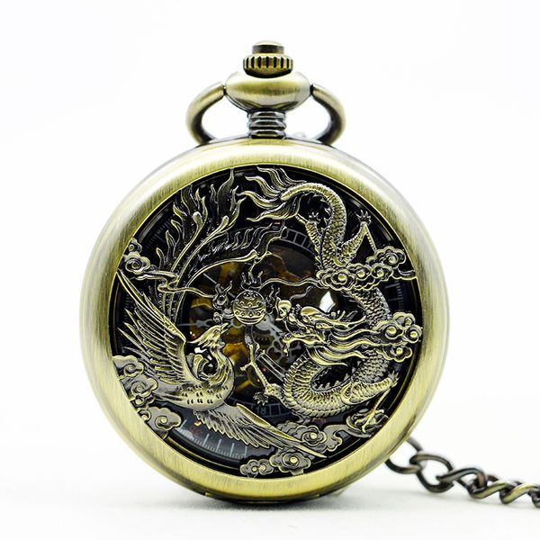 

retro dragon and phoenix carving hollow skeleton steampunk mechanical pocket watch roman numeral men's and women's pendant, Slivery;golden