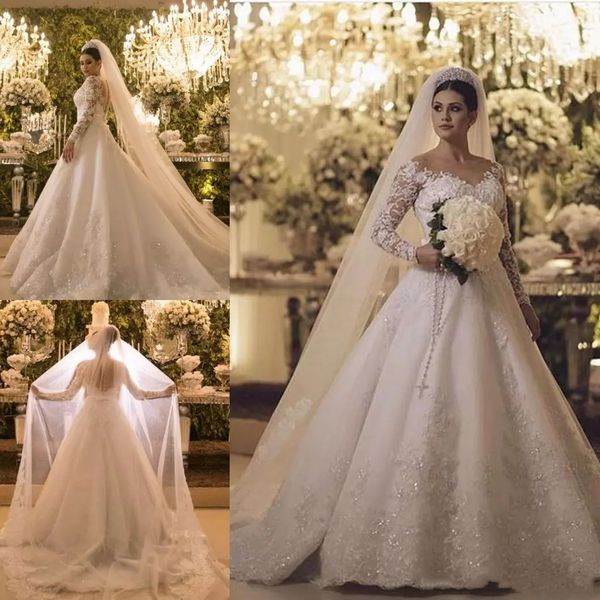 

arabic long sleeves lace wedding dresses 2019 with beaded crystal appiques jewel neck court train a line wedding bridal gowns, White