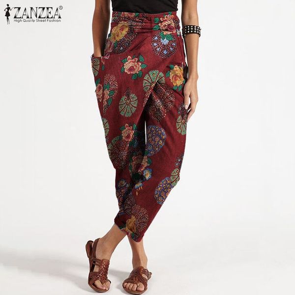 

zanzea women high waist floral print pants casual wrap harem pants vintage cotton linen trousers turnip plus size streetwear, Black;white