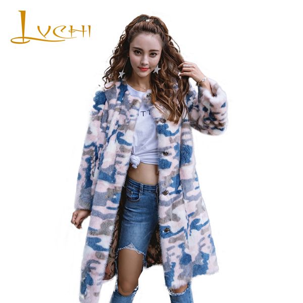 

lvchi новые зимние женские пальто из натурального меха норковая шуба средняя куртка камуфляжная серия женская одежда, Black