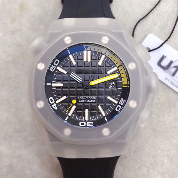 

Great royal oak off hore diver pvd black 42mm automatic movement 15340 erie rubber belt men black dial gla back watche