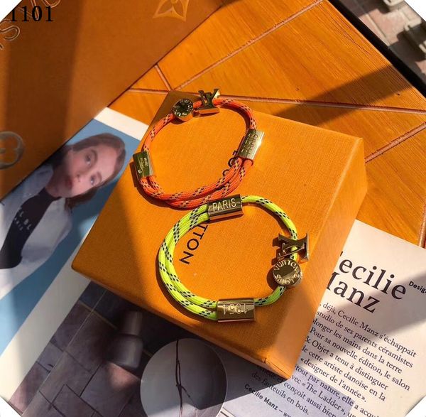 

2019 women and man handmade nylon rope with gold clasp bracelet charm titanium stainless steel in orange and yellow rope jewelry 016, Golden;silver