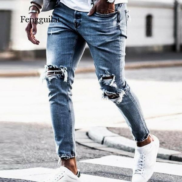 

men's jeans skinny men streetwear destroyed ripped homme hip hop broken modis male pencil biker embroidery patch pants, Blue
