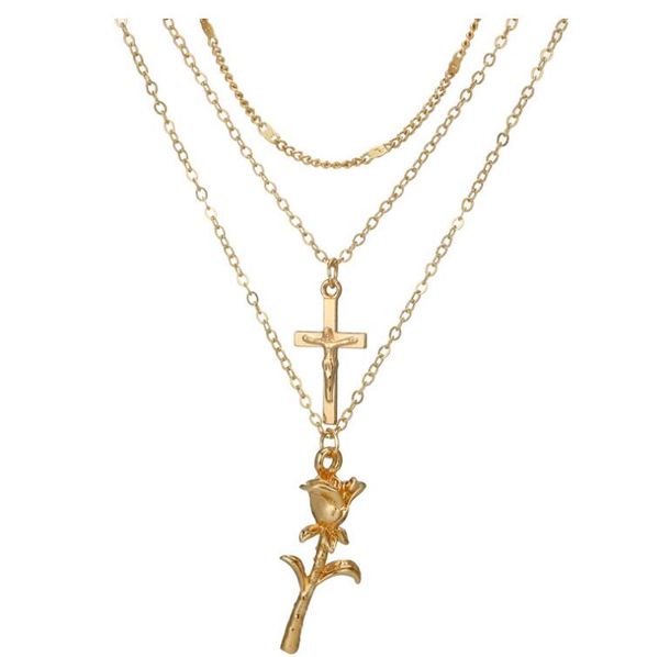 

fashion-european and american foreign trade jewelry 2018 new multilayer necklace cross rose pendant three-layer necklace a0980, Golden;silver