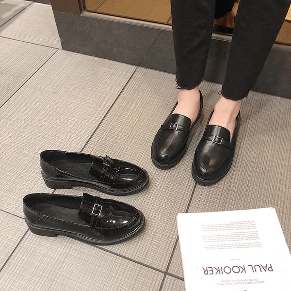 

patent&matte leather slip on flats round toe brief solid casual woman shoes belt buckle comfy loafers college student moccasins, Black