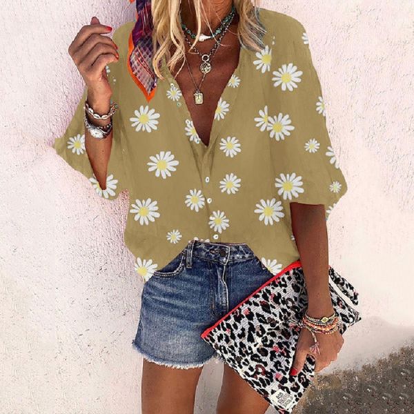 

new style ladies casual 3/4 sleeve blouse ladies fashion daisy print shirt elegant pullover shirts for women, White
