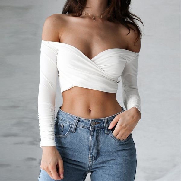 

2020 womens shirt summer designer fashion summer long sleeved slash neck off-shoulder crop shirt party tee blouse, White