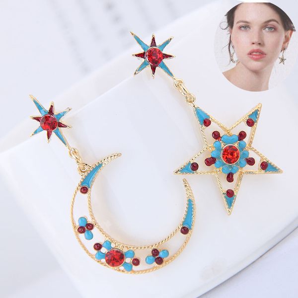 

2019 enamel drop earrings for women bijoux star and moon asymmetrical geometric hanging earings fashion jewelry brincos, Golden;silver