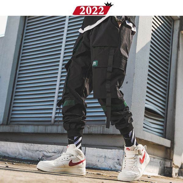 

2022 men ribbons streetwear cargo pants 2019 autumn hip hop joggers pants overalls black fashions baggy pockets trousers