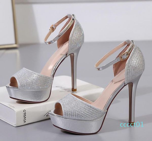 

12cm elegant bridesmaid silver gold heels rhinestone wedding shoes fashion luxury designer women shoes size 34 to 39, Black