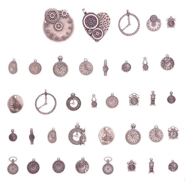 

100 gram charms bracelet crafting mix designs cabochon antique pendant clock shape alloy necklace diy small scrapbooking, Bronze;silver