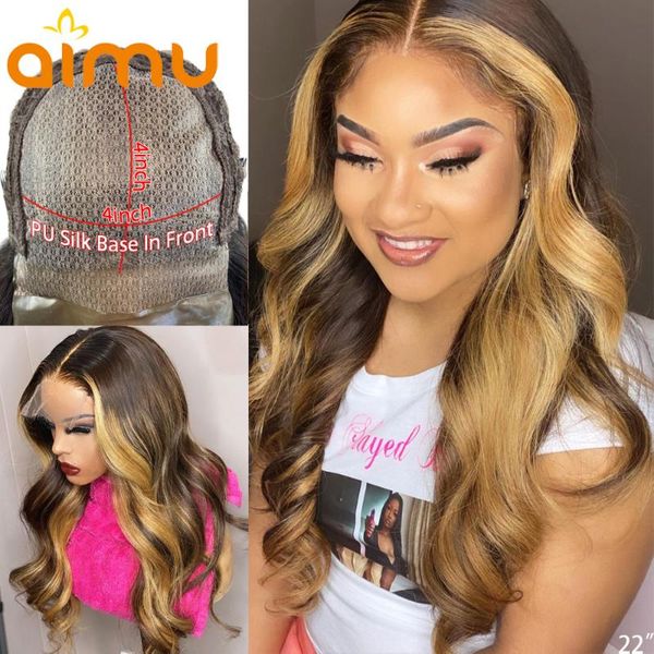 

pu silk base wig 4*4 silk closure human hair ombre highlight brown honey blonde body wave fake scalp wigs 180% glueless remy, Black;brown
