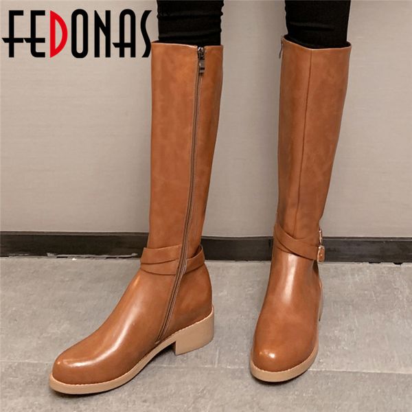 

fedonas women knee high boots autumn winter warm genuine leather long motorcycle boots buckle side zipper fashion shoes woman, Black