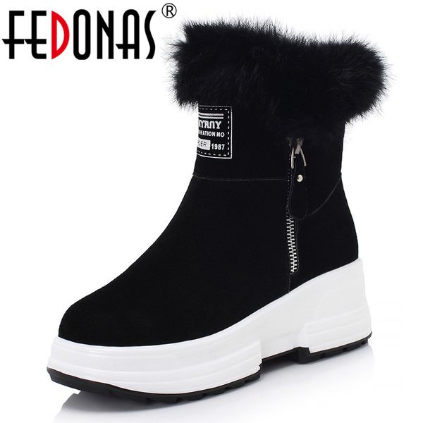 

fedonas warm plush snow short boots chunky heels women genuine leather winter zipper ankle boots office casual shoes woman, Black