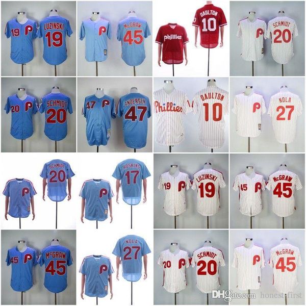 

Cheap Philadelphia 10# 17# HOSKINS 19# LUZINSKI 20# SCHMIDT 27# NOLA 45# McGRAW 47# White Red Blue Retro Baseball News Shirt Stitched