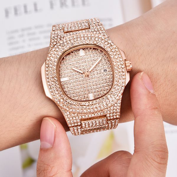 

mens watches fashion luxury diamond brand date quartz watch men gold stainless steel business watch montres de marque de luxe, Slivery;brown