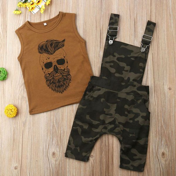 

baby boy clothes sleeveless t shirts +camouflage bib long pants overalls 2pcs sets toddler kid cotton summer outfits 1-6y, White