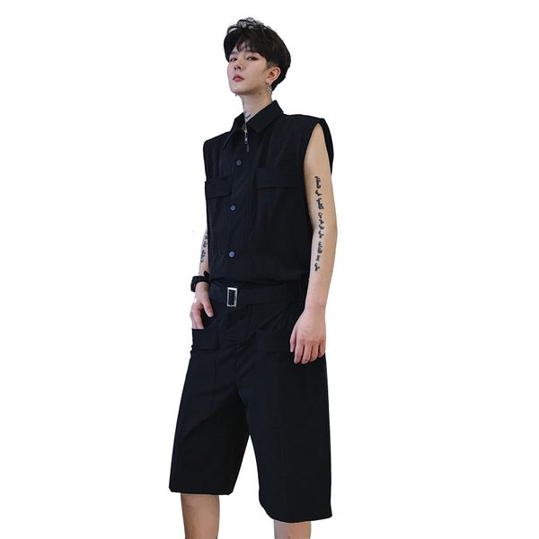

summer new dark men's loose sleeveless jumpsuit hip hop tide male teen five points shorts suit tide, White;black