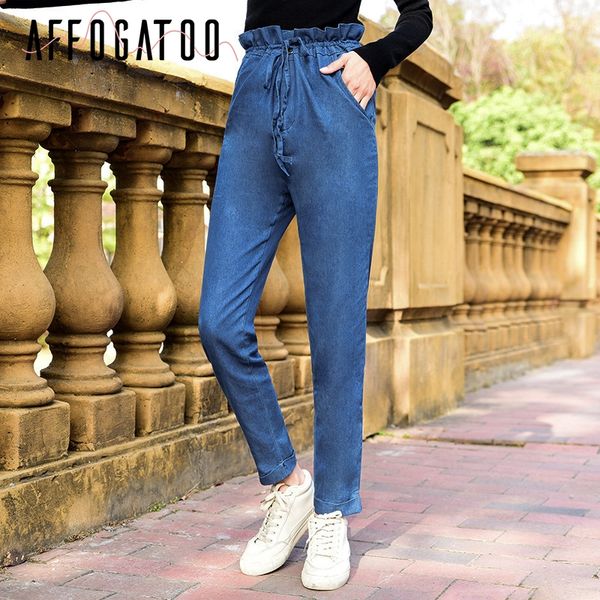 

affogatoo casual loose high wasit women summer jeans pant ruffle denim blue pencil pants capris pocket ladies jean trousers 2019