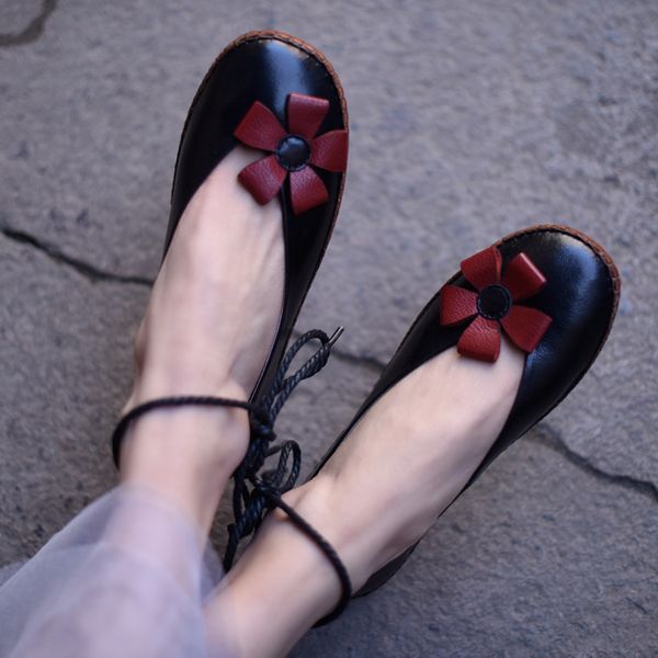 

artmu fashion women shoes flowers ladies flats slides footwear handmade genuine leather vintage comfortable female casual shoes, Black