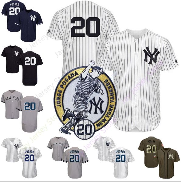 

2019 Jorge Posada 20 Jersey Men Women Youth Cool Base Yankees New York Cream White Pinstripe Grey Black Home Away All Stitched