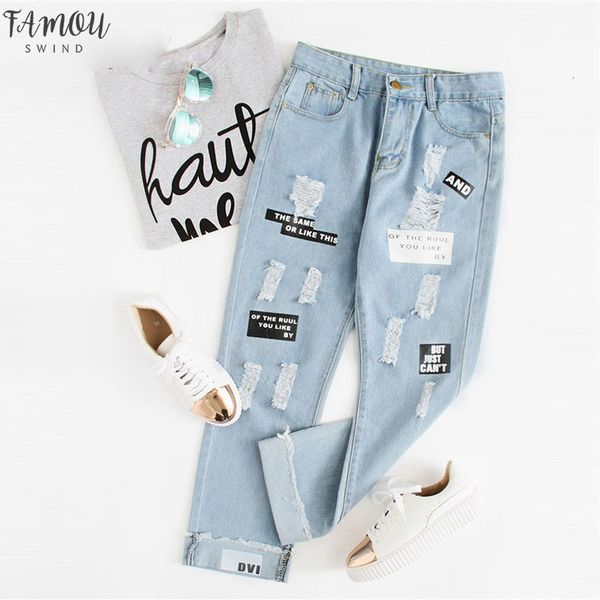 

letter print ripped pocket new fashion spring button fly mid waist women trousers regular blue jeans casual jeans