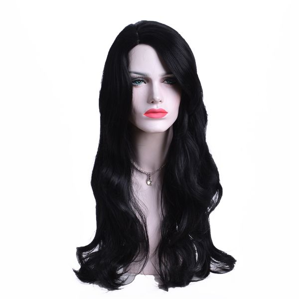 Black Color Long Wavy Hair Wig With Side Parting Heat Resistant