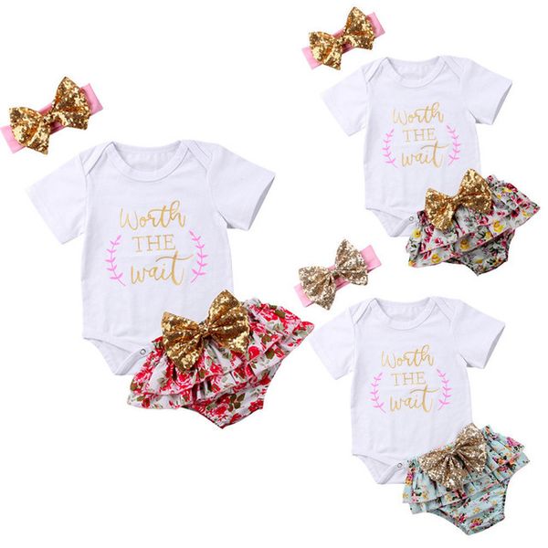

3pcs baby girls worth the wait print outfit clothes romper bodysuit pants headband set, Blue