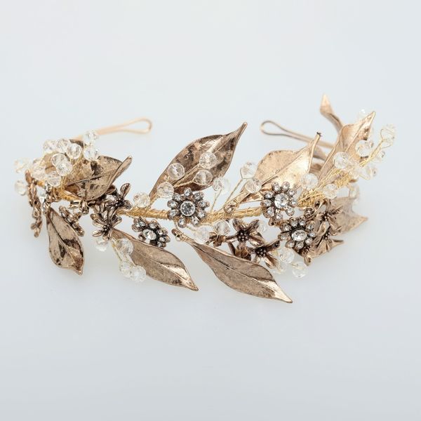 

vintage gold wedding headband handmade rhinestone bridal headpiece greek leaf crown women party hair accessories, Golden;white