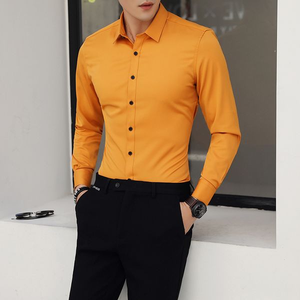 

10 color men shirt long sleeve casual business dress shirt 2020 fashion new pure color khmer camisa easy care, White;black