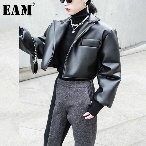 

eam] loose fit black brief pu leather big size thick jacket new lapel long sleeve women coat fashion tide spring 2020 1n327, Black;brown