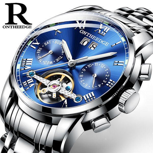 

men's full gold watches multifunction stainles steel quartz man wristwatches waterproof luminous calendar luxury ontheedge brand, Slivery;brown