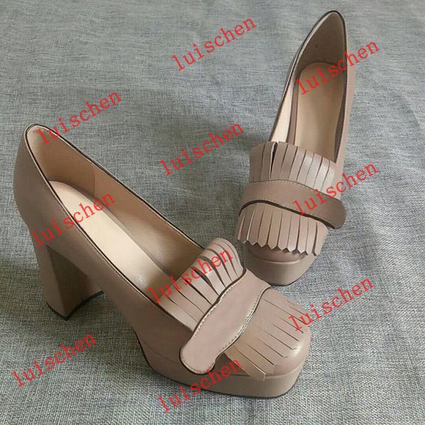 

women designer high heels platform pump with fringe marmont shoes vintage white leather toe pumps double tone hardware, Black