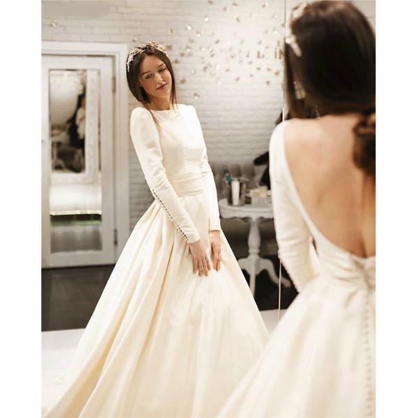 

elegant bateau neck wedding dresses long sleeve with button backless simple satin sweep train wedding dress vestido de noiva, White