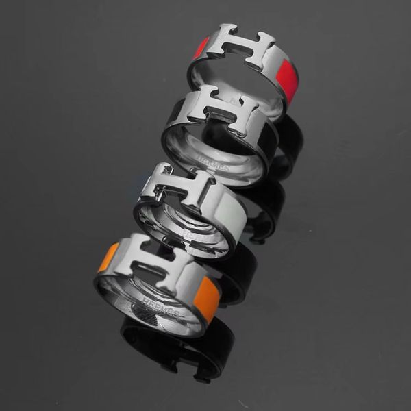 

new arrival extravagant version of the h letter ring men and women couple ring decoration black and white red orange dripping oil h ring, Silver