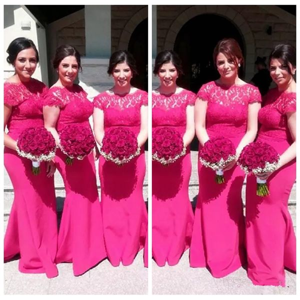 

fuchsia bridesmaid dresses 2019 boat neck short sleeves lace illusion mermaid sweep train plus size maid of honor wedding guest gowns, White;pink
