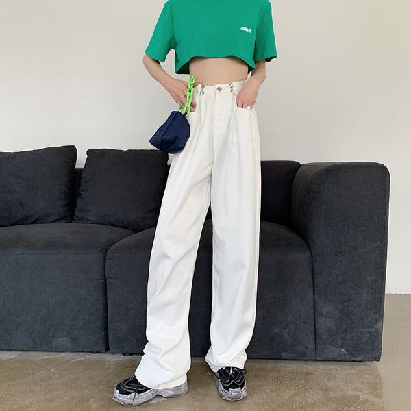 

women's jeans women brief casual white denim bf high waist ruffle mopping trousers loose wide leg straight long pants, Blue