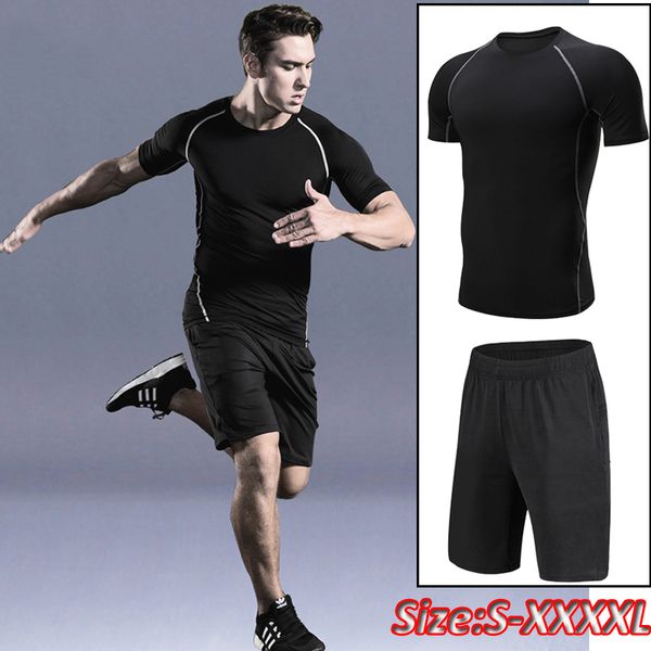 

men sports suit compression underwear outdoor running jogging clothes t shirt pants gym fitness workout tights costume, Black;blue