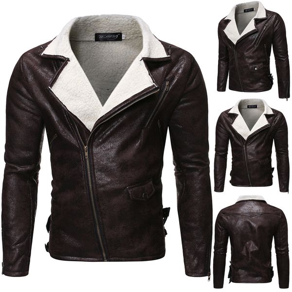 

2019 winter warm casual jacket men long sleeve faux pu leather men's coat thick slim fit men jacket coats, Black