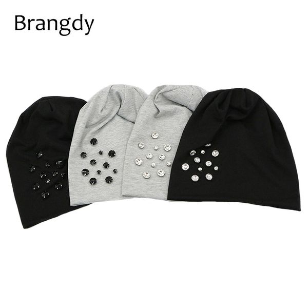 

women slouch cotton beanies hats for ladies autumn winter rhinestone skullies beanies soft bonnet for girls gifts gorros femme, Blue;gray