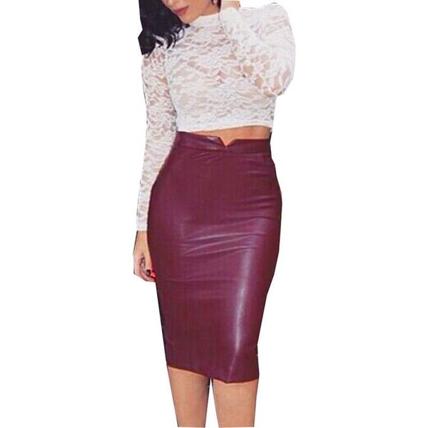 

skirts 2021 women spring fake faux leather skirt high waist package hip knee length split office ladies slim plus size, Black
