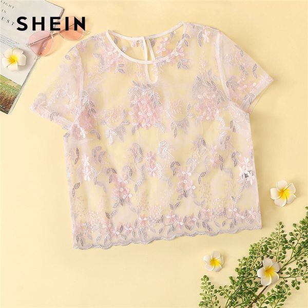 

shein pink floral embroidered mesh sheer crop blouse women summer keyhole back o-neck short sleeve sweet blouses, White