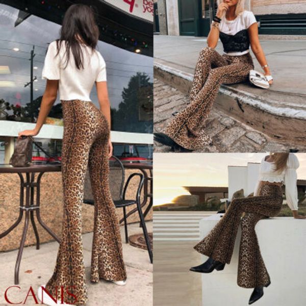 

2019 fashion flare pants women's ladies leopard print high waist trousers layered palazzo casual pants, Black;white