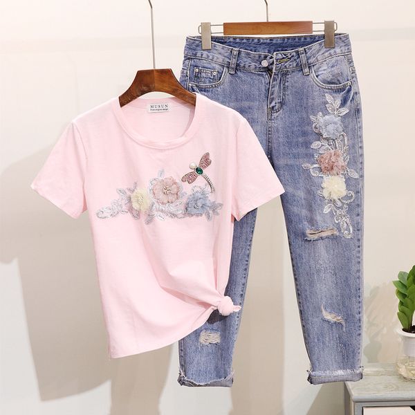 

2019 spring summer 2 pieces jeans suits floral dragonfly tshirt + jeans pants set women two piece set tracksuit, White