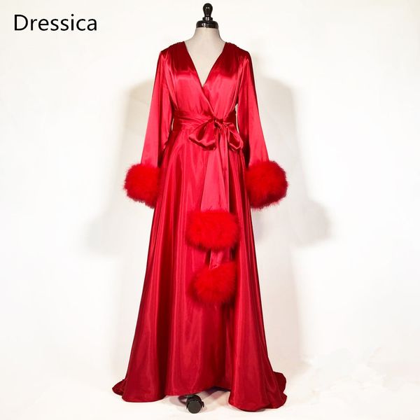 

feather satin nightwear fur robe factory custom make dressing gown, White;black