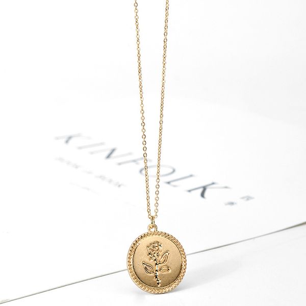 

srcoi dainty gold color rose necklace pendant round coin geometric chain choker necklace women party medallion fashion jewelry, Golden;silver