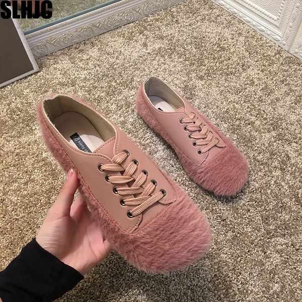 

slhjc spring autumn leather fur flats square toe lace up casual women shoes flat heel ballet flats, Black