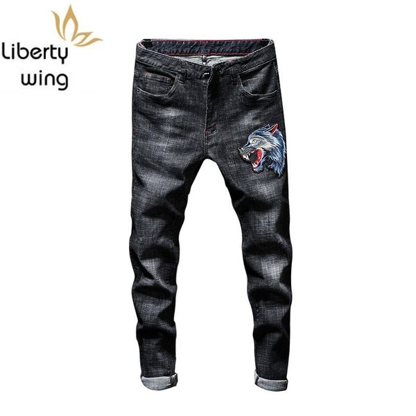 

new mens straight strechy long jeans wolf head embroidery denim motorcycle biker pants plus size streetwear trousers male, Blue