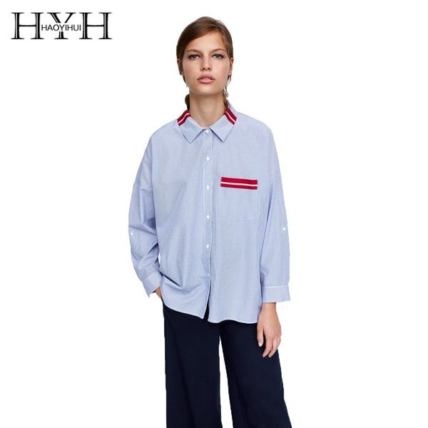 hyh haoyihui 2019 new personality lapel coat chest contrast belted patch pocket single-breasted asymmetrical hem striped shirt, White