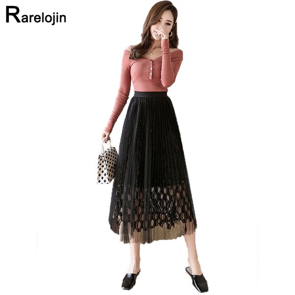 

spring skirt 2019 new fashion women skirt hollow thin mesh fairy midi high waist pleated women's clothes, Black
